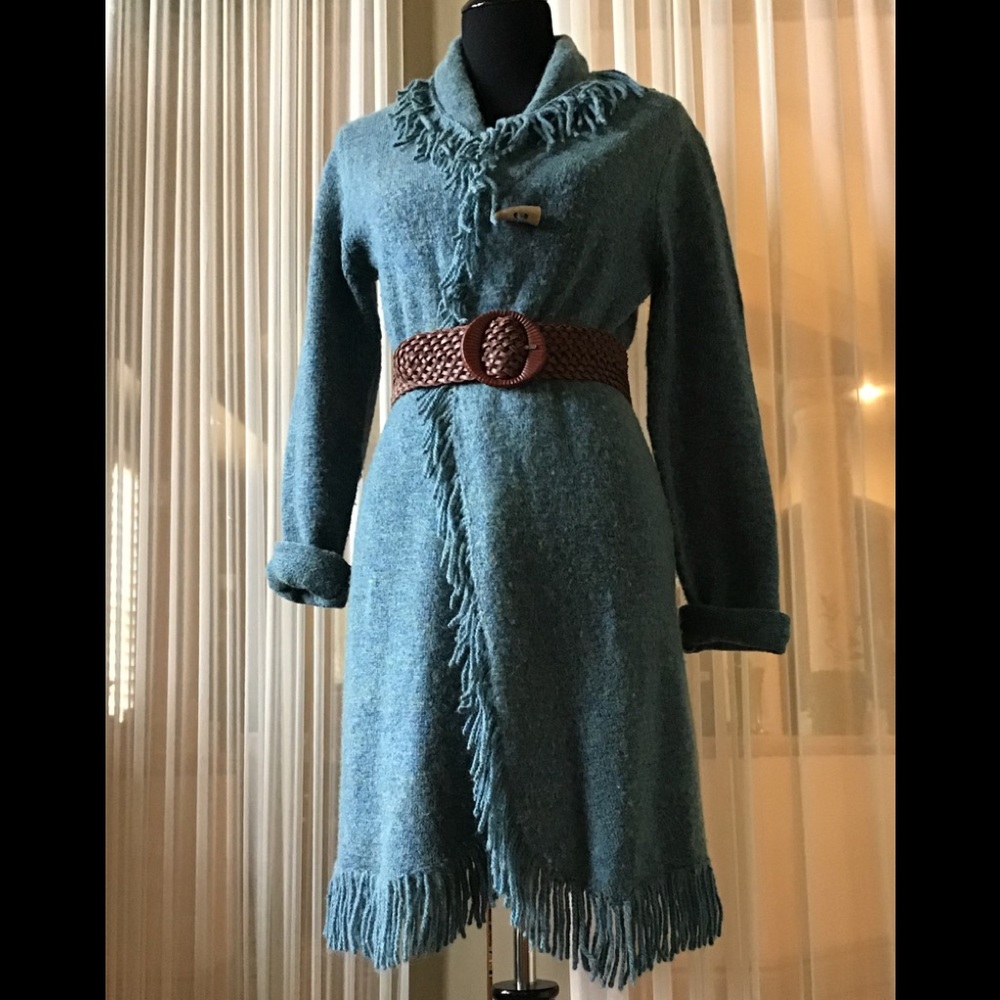 Carole Little teal duster length sweater coat.